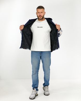 Чоловіча куртка-сорочка з капюшоном, на хутрі, в клітинку джинсового кольору XL, C 101-2